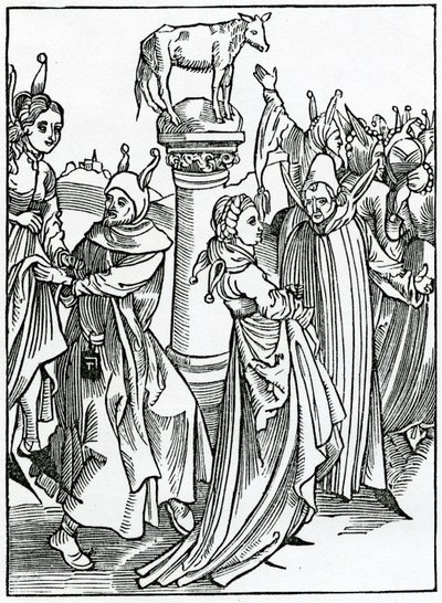 Af lepynges og dauncis og fjoller, der passer deres tid i suche vanyte, illustration fra Alexander Barclays engelske oversættelse af 